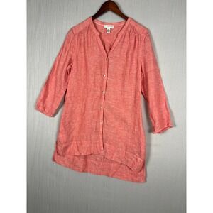 Kenar Linen Tunic Shirt Dress Womens M Coral Pink Button Down Coastal Resort